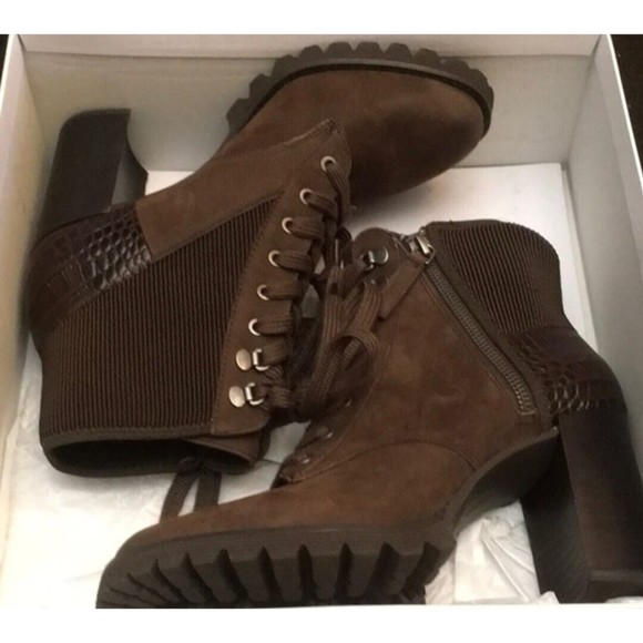 Gibson Latimer Felisa Dark Brown Cow Suede/Fabric/Leather Combat Heeled Boot 8 M - Picture 6 of 11